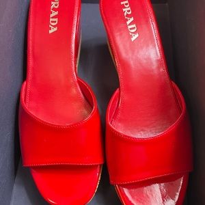 Prada red patent leather wedges